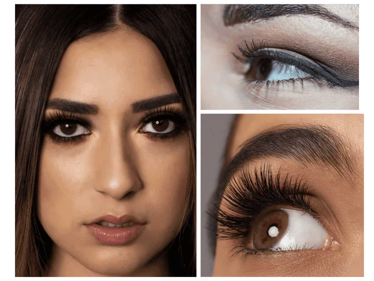 Glamorous woman with bold eye makeup, including dark eyeliner and voluminous eyelashes, showcasing beauty and makeup artistry.