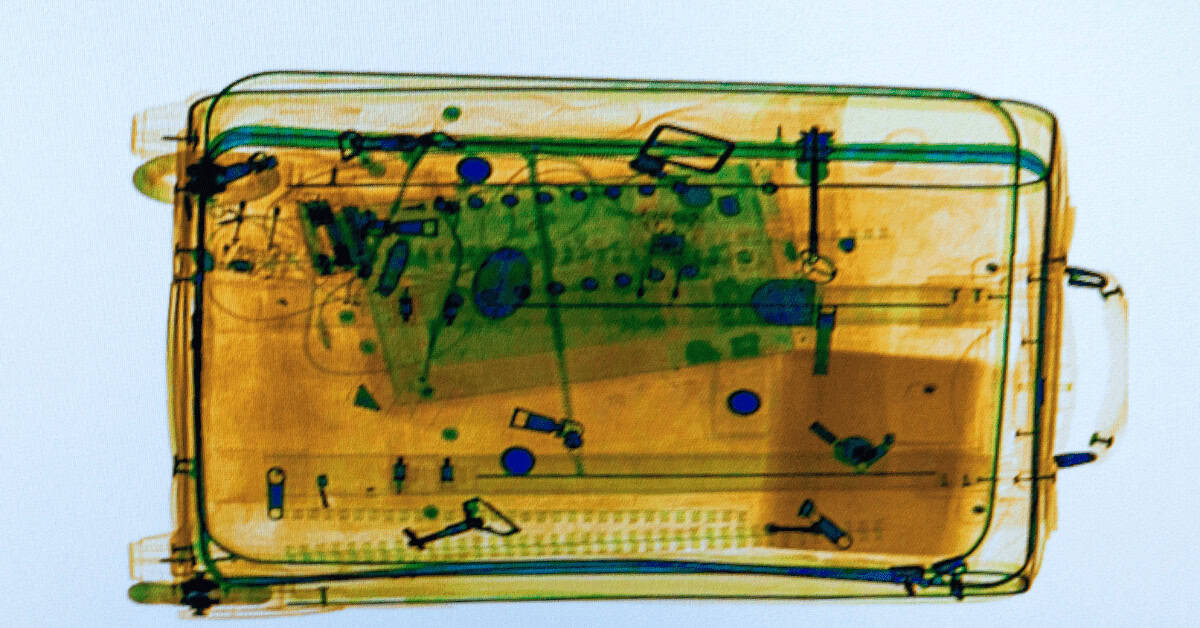 Colorized X-ray image of a makeup compact, highlighting internal components like battery and circuitry, emphasizing beauty and makeup accessories; modern and artistic representation for beauty topics.