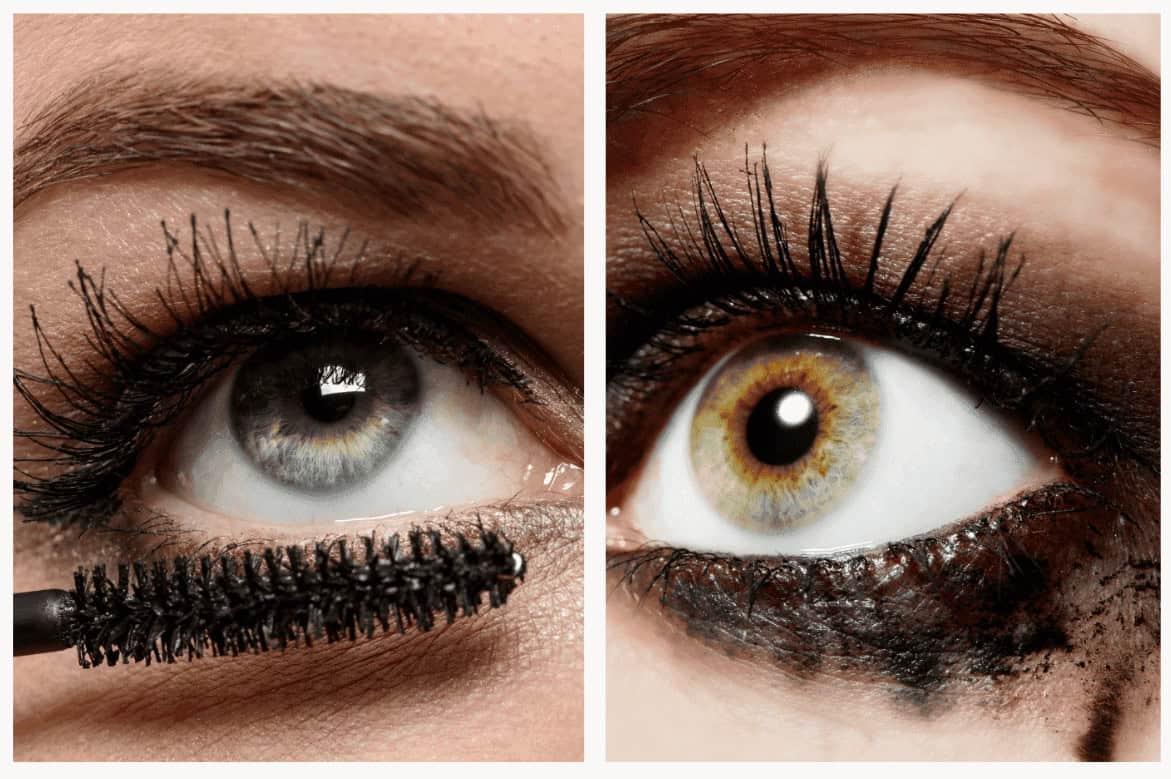 Vibrant eye makeup with dramatic mascara enhancement, featuring close-up shots of beautiful, hazel eyes showcasing long, voluminous lashes and expertly blended eyeshadow for a glamorous look.