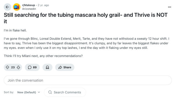 Reddit review Thrive Liquid Lash Extensions Mascara flaking and clumping