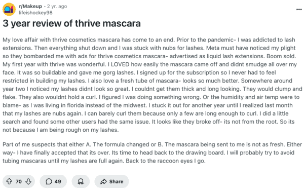 Reddit review Thrive mascara formula clumped, flaked, and lost curl over time