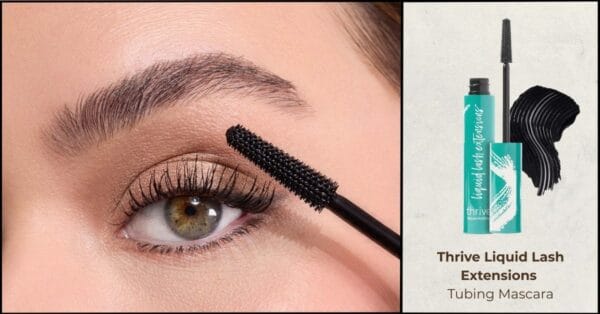 Thrive Liquid Lash Extensions Mascara tube with brush and model applying