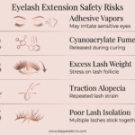 Common eyelash extension safety risks infographic including adhesive fumes, lash weight stress, and poor isolation