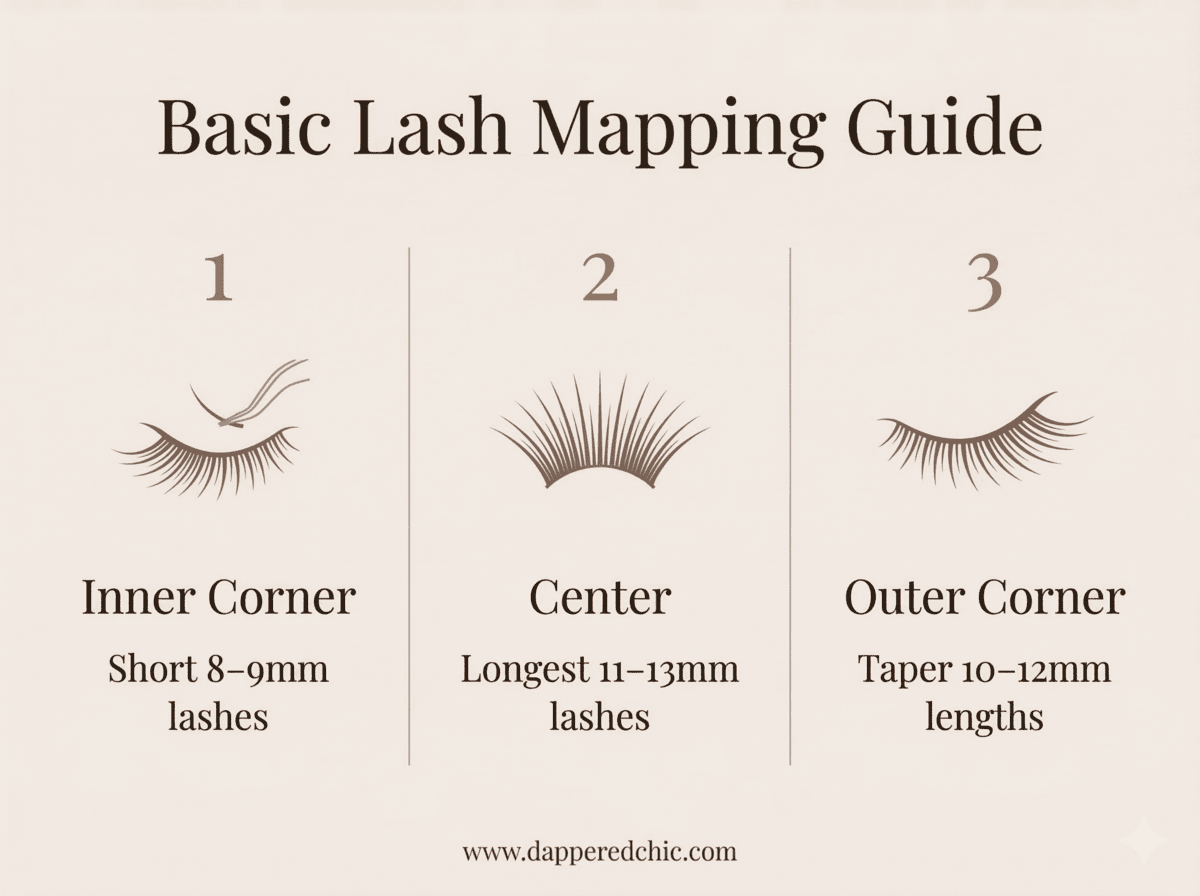 basic lash mapping guide basic lash mapping guide infographic showing inner corner center and outer corner lash lengths