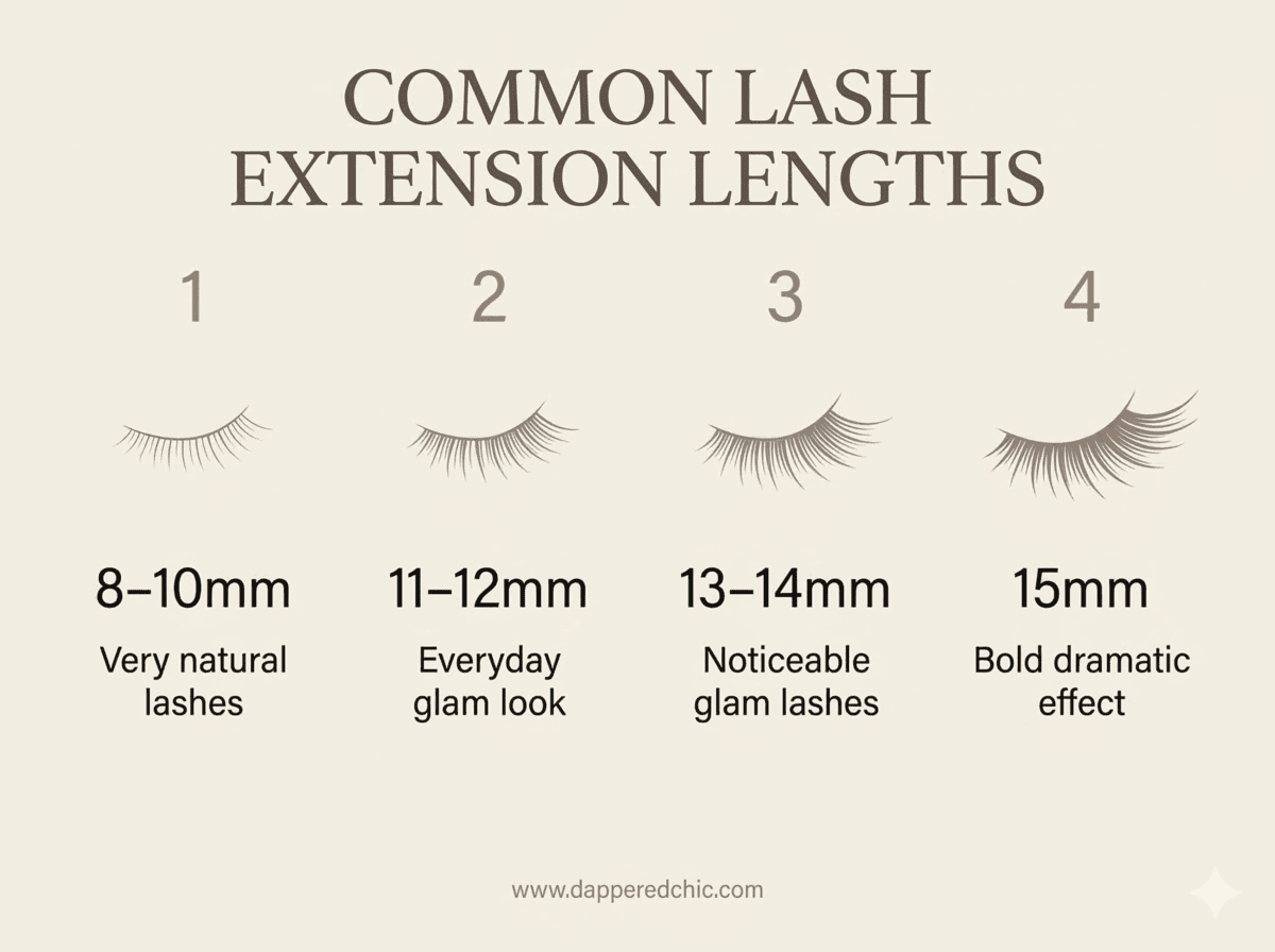 common lash extension lengths common lash extension lengths infographic showing 8 to 10mm 11 to 12mm 13 to 14mm and 15mm lash looks