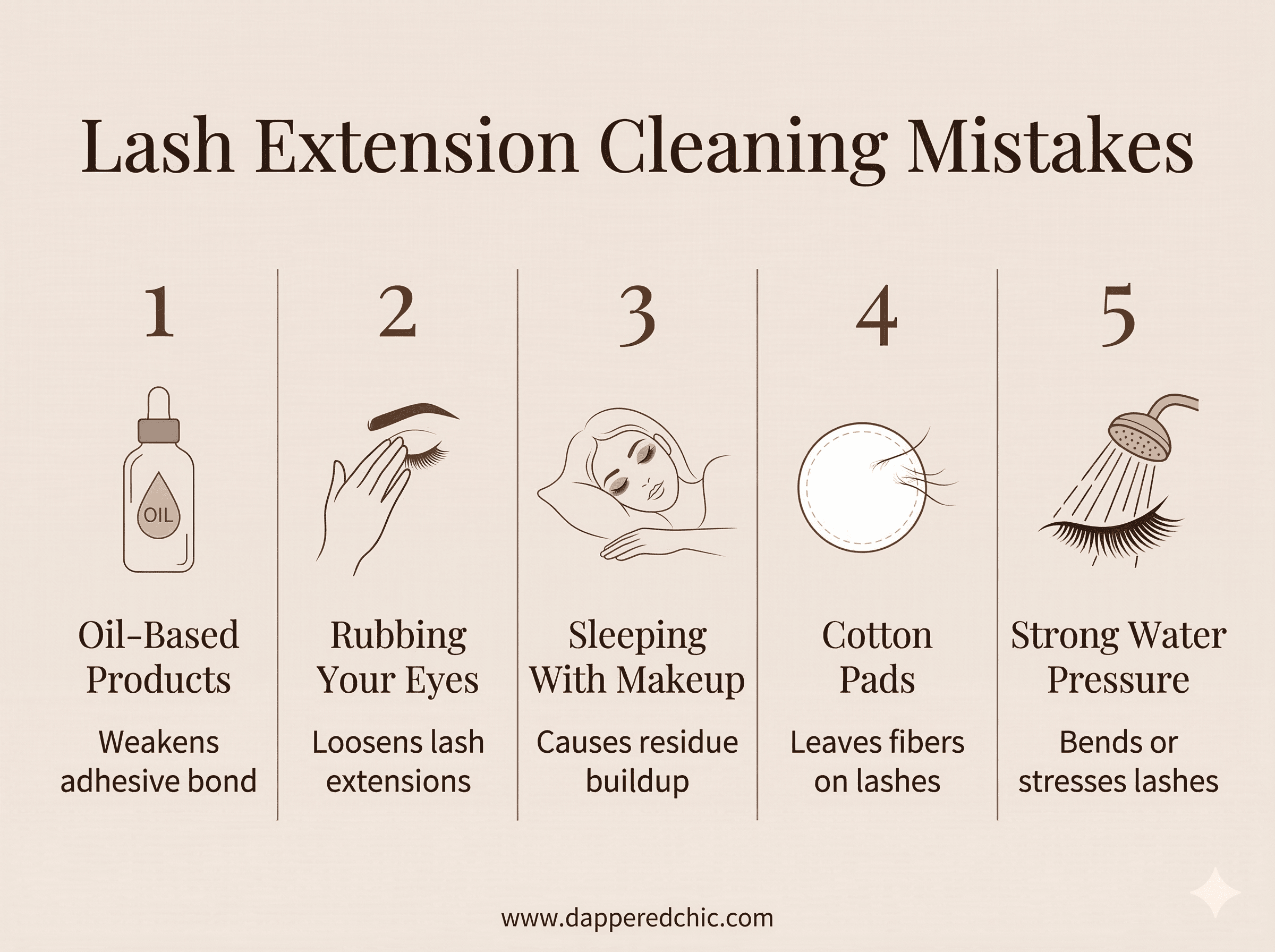 Common eyelash extension cleaning mistakes including oil products rubbing eyes cotton pads and strong water pressure