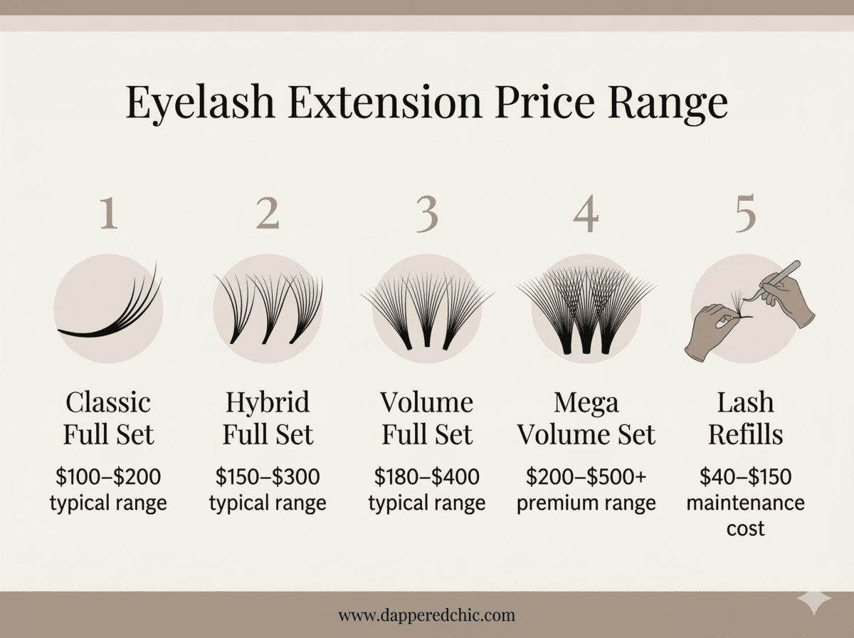 eyelash extension price range infographic showing classic hybrid volume mega volume and refill costs