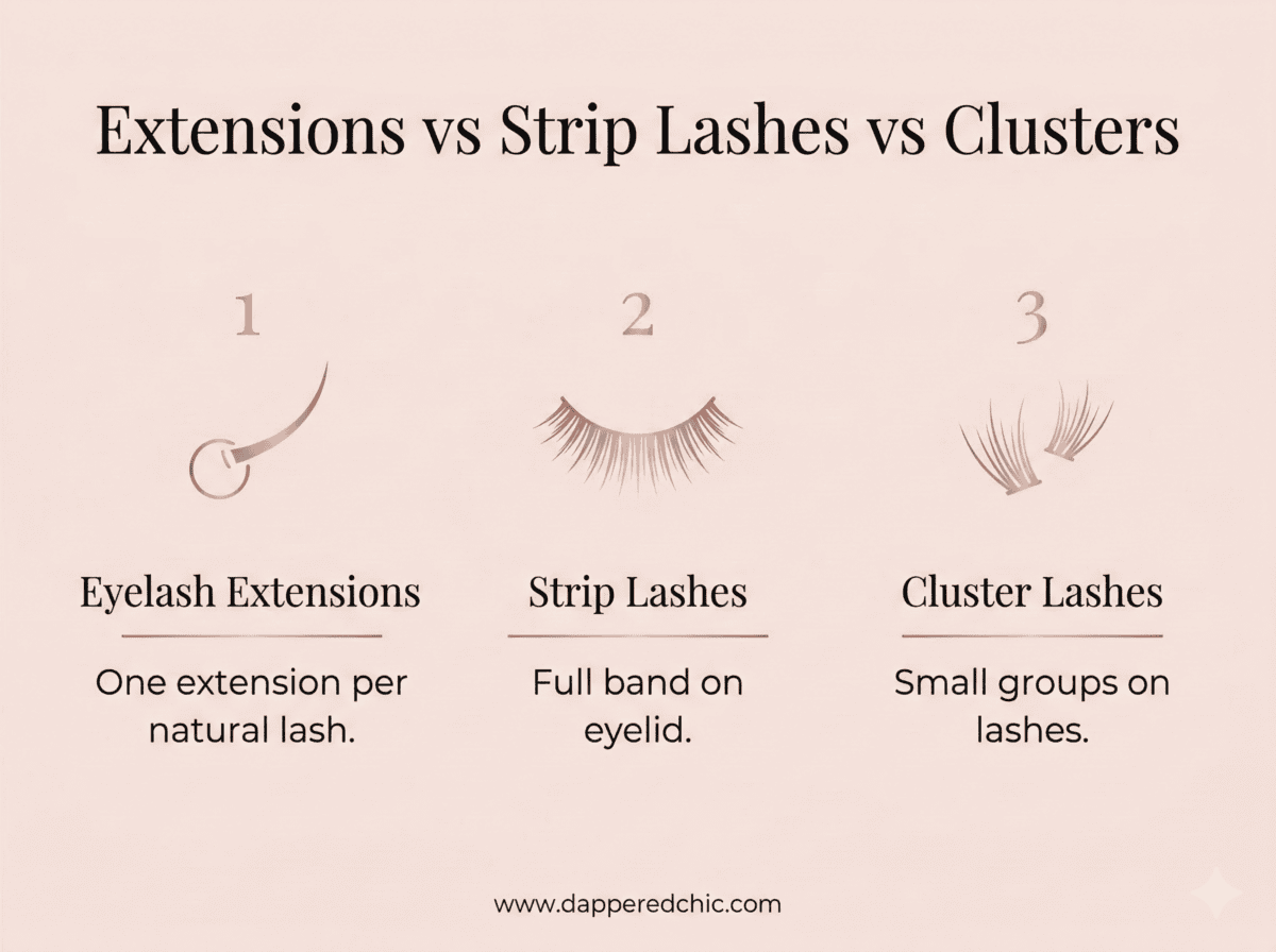 eyelash extensions vs strip lashes vs clusters eyelash extensions vs strip lashes vs cluster lashes comparison infographic