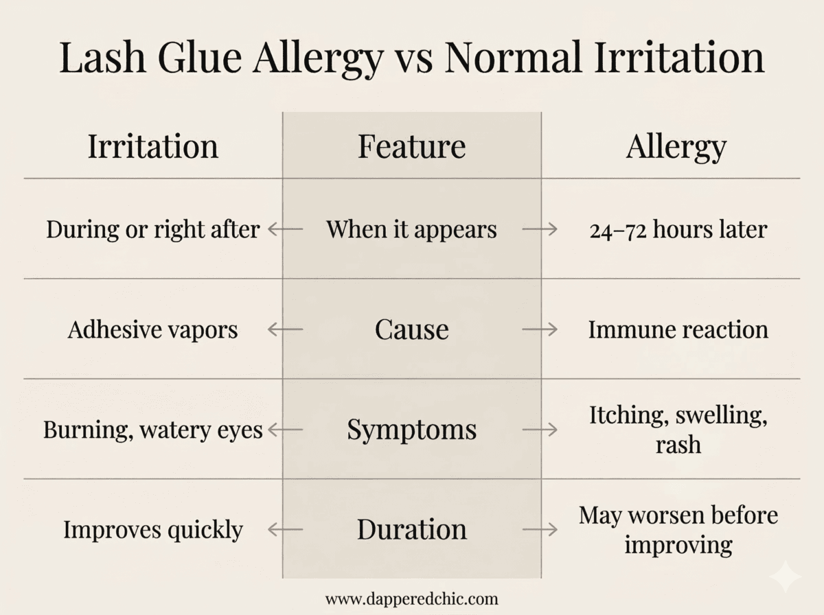 eyelash glue allergy vs irritation symptoms comparison infographic