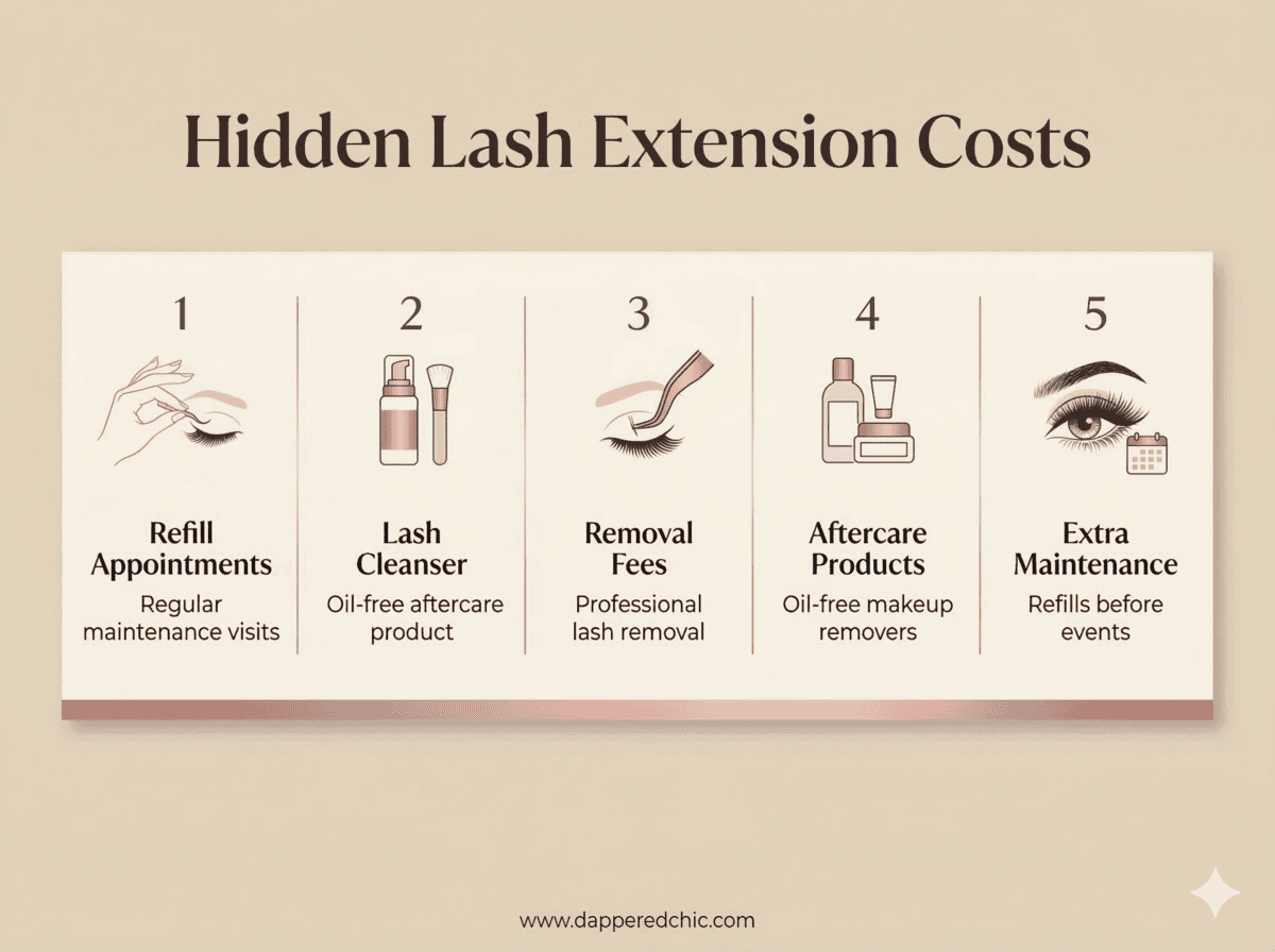 hidden lash extension costs infographic showing refills cleanser removal fees aftercare and extra maintenance