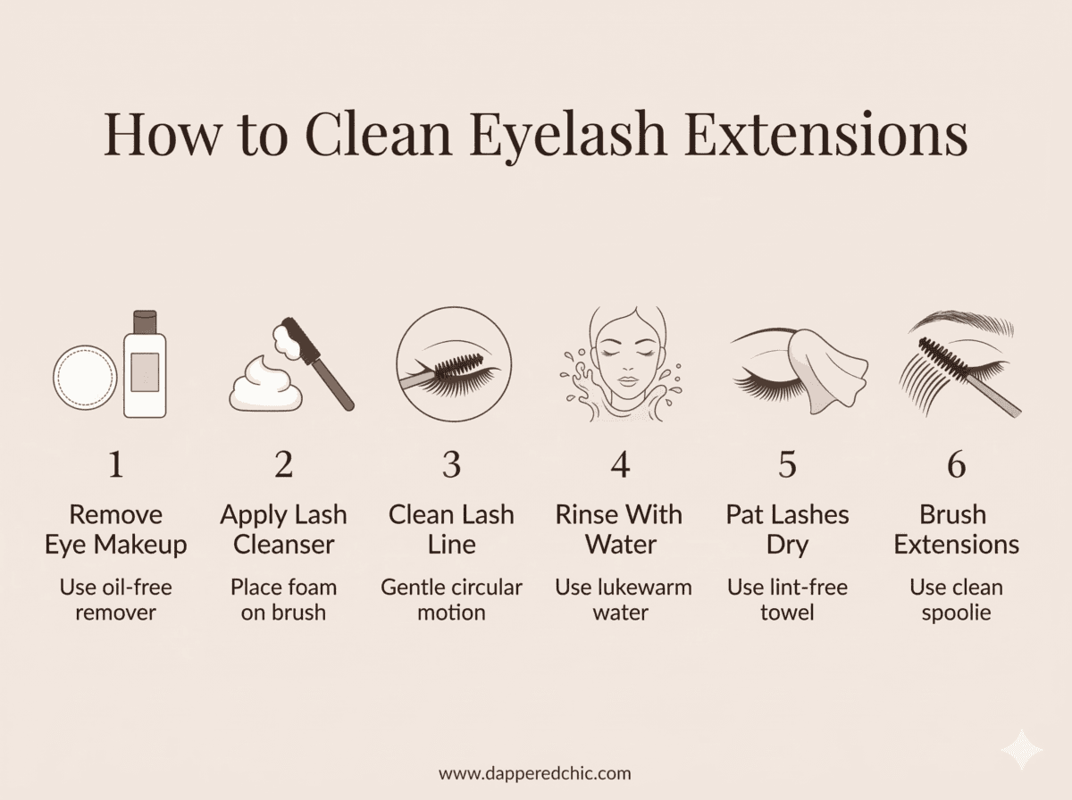 Step-by-step infographic showing how to clean eyelash extensions safely