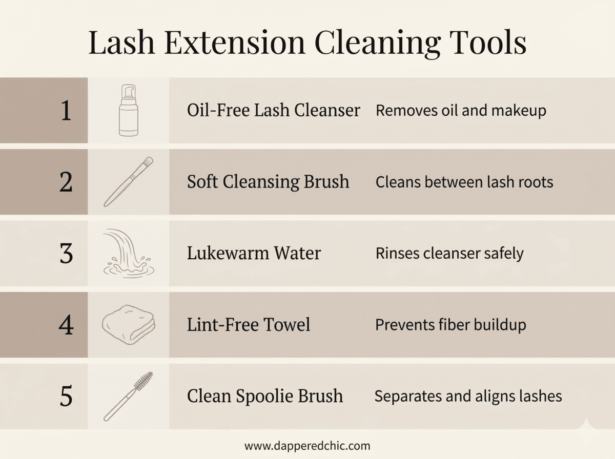 Essential tools for cleaning eyelash extensions including lash cleanser brush water towel and spoolie