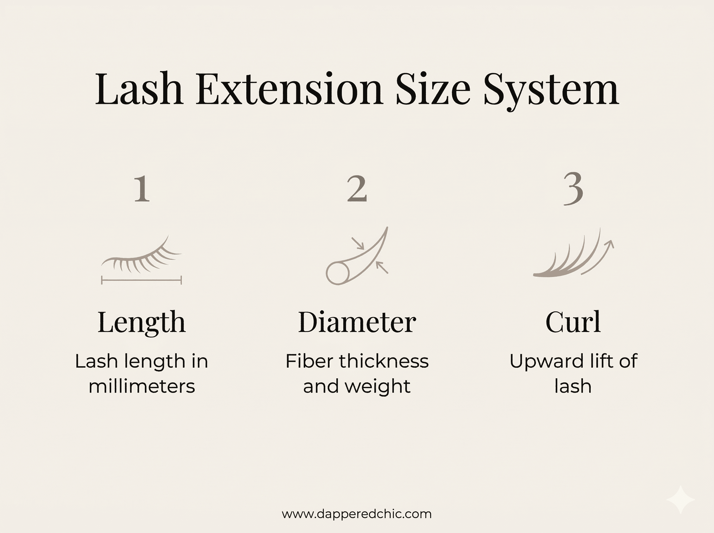lash extension size system infographic showing length diameter and curl