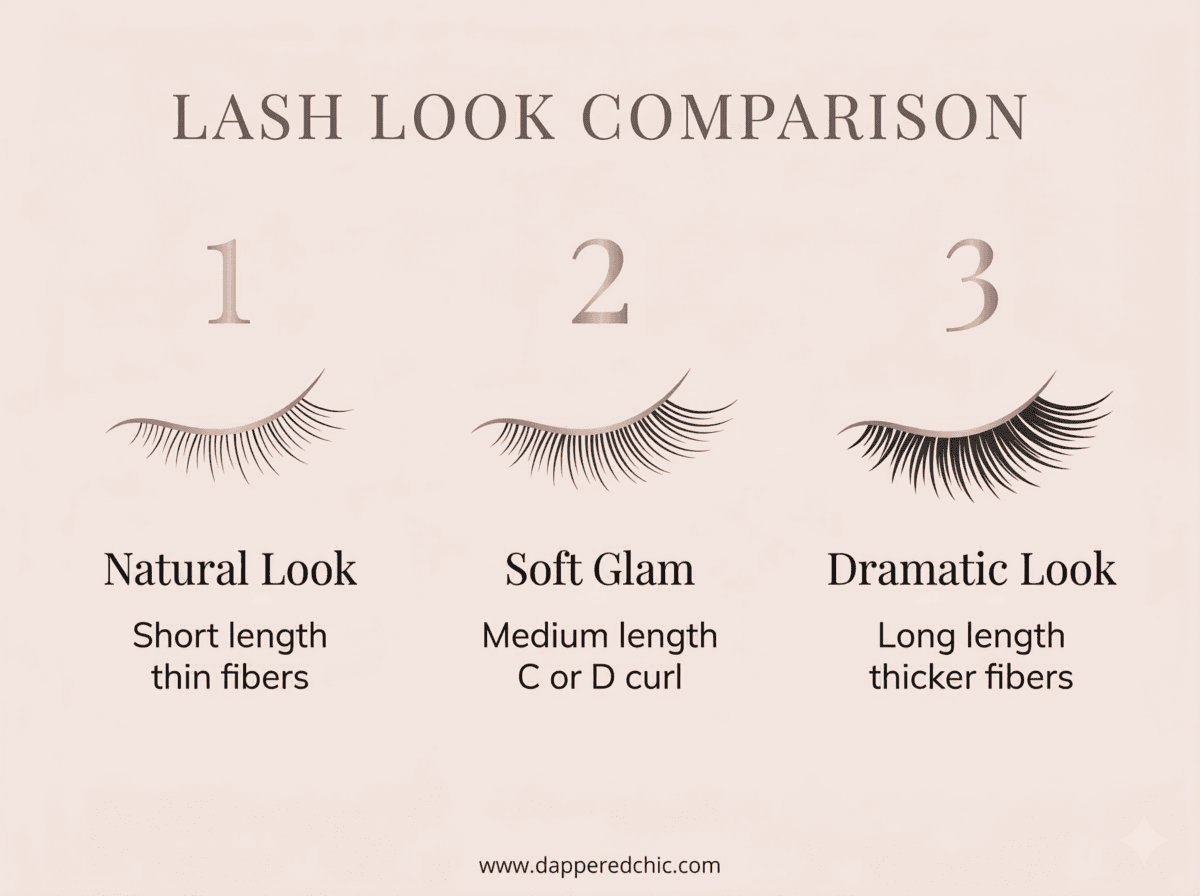 lash look comparison lash look comparison infographic showing natural soft glam and dramatic eyelash extension styles