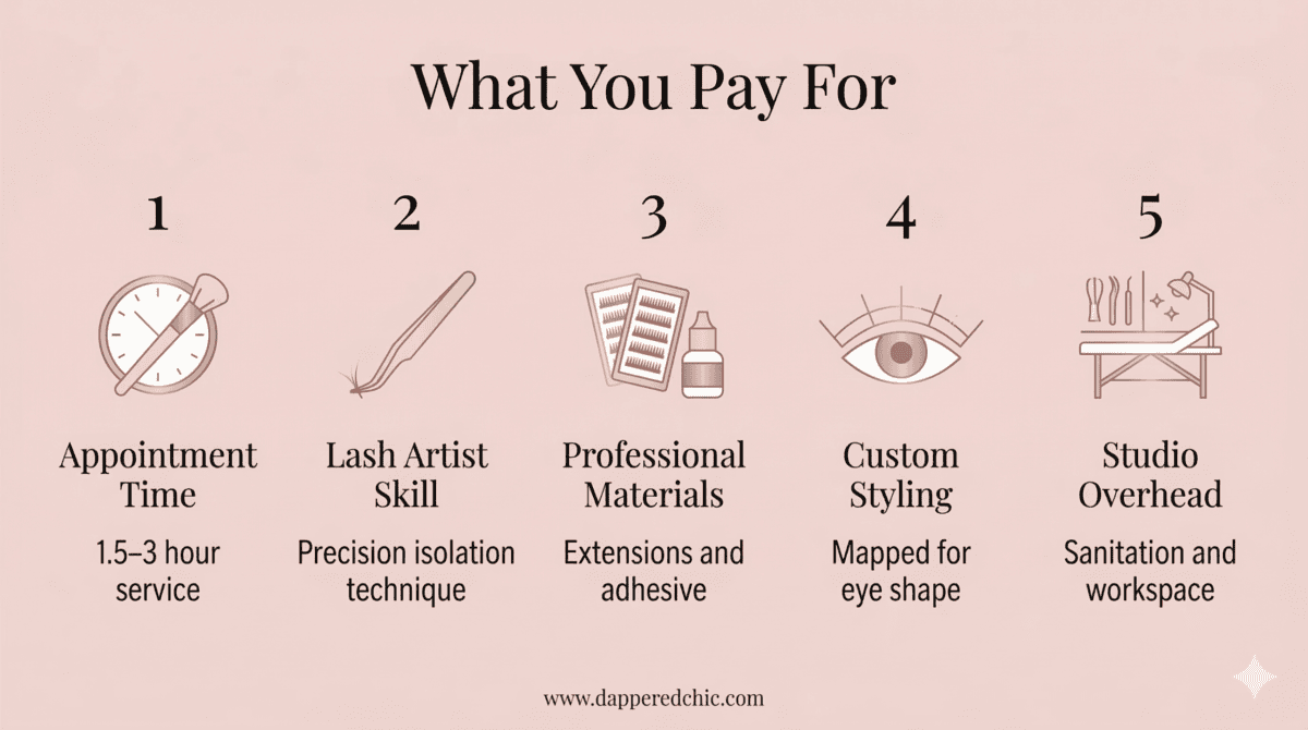 what you pay for with eyelash extensions infographic showing time skill materials styling and studio overhead